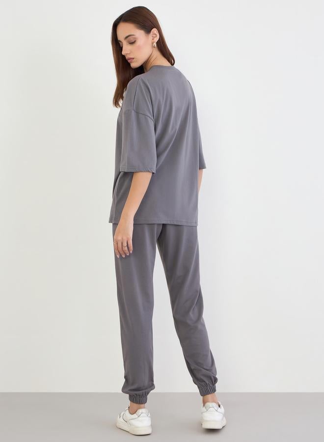 Styli Grey Oversized Embroidered T-Shirt and Joggers Co-ords - Image 3