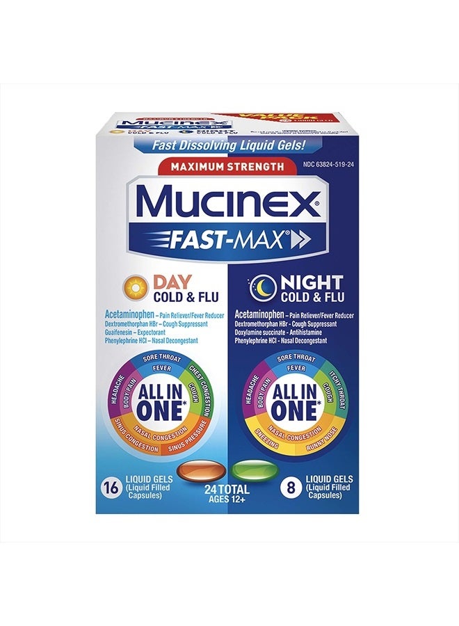 MUCINEX Fast-Max Maximum Strength Cold & Flu Day and Night Medicine, All-in-One Multi-Symptom Relief Liquid Gels – 24 count (16 time + 8 time) (Packaging May Vary) - Image 1