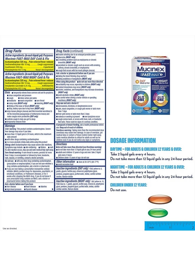 MUCINEX Fast-Max Maximum Strength Cold & Flu Day and Night Medicine, All-in-One Multi-Symptom Relief Liquid Gels – 24 count (16 time + 8 time) (Packaging May Vary) - Image 2