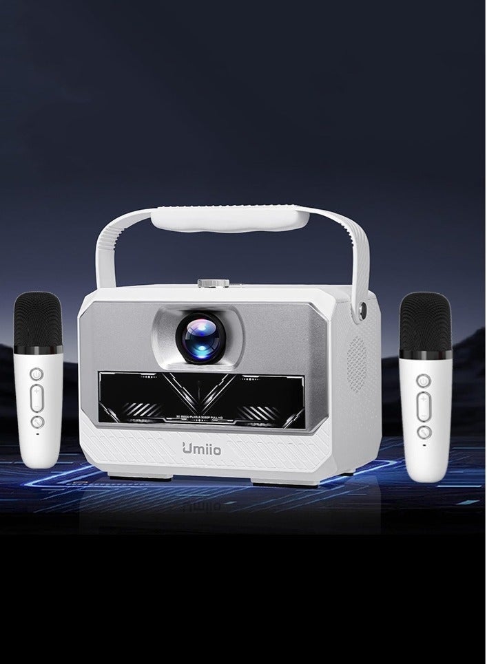أوميو Q6 Max Smart Android Projector with Dual Wireless Karaoke Microphones – 4K & 1080P Support, 200" Display, WiFi/Bluetooth, HDMI/USB Connectivity for Home Theater, Parties & Entertainment – White - Image 1