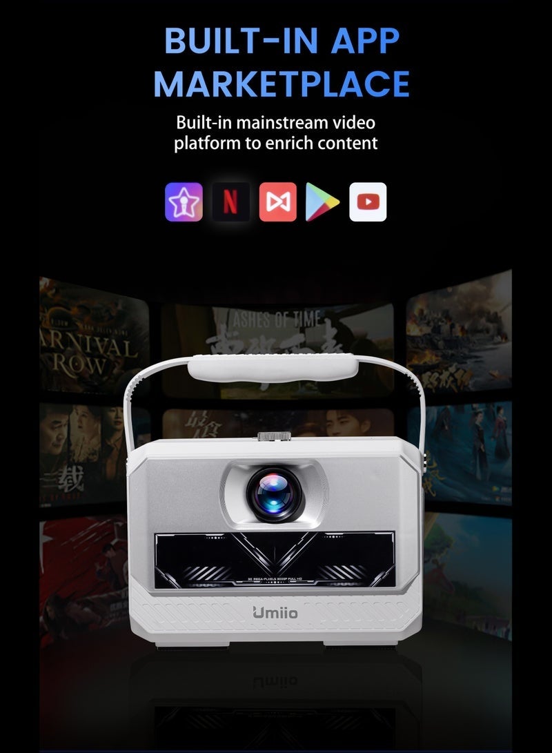 أوميو Q6 Max Smart Android Projector with Dual Wireless Karaoke Microphones – 4K & 1080P Support, 200" Display, WiFi/Bluetooth, HDMI/USB Connectivity for Home Theater, Parties & Entertainment – White - Image 2
