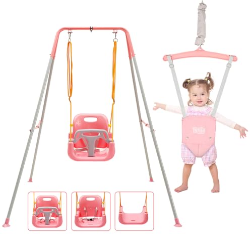 FUNLIO 2 in 1 Swing Set for Toddler Baby Jumper Heavy Duty Kids Swing Bouncer with 4 Sandbags Foldable Metal Stand for IndoorOutdoor Play Easy to Assemble and Store Pink - Image 1
