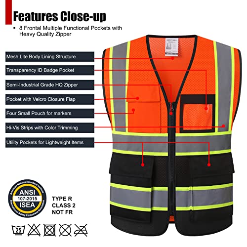 HATAUNKI Reflective Safety Vest for Men Women Hi Vis Vest with 8 Pockets High Visibility Mesh Reflective Vest Meets ANSI/ISEA Standards (Orange-Black-07, L) - Image 2