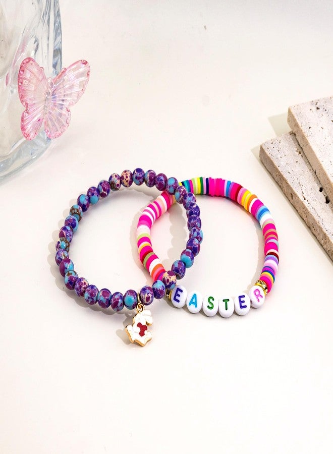 Aisity Easter Basket Stuffers Bunny Bracelets Jewelry for Women Teens Daughter Easter Basket Essentials Decorations Charm Party 2PCS Bracelet Jewelry Bunny Egg Bracelets - Image 2