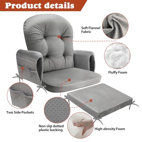 JZHLLA Glider Rocker Replacement Cushion Set with Storage Pockets Soft Flannel Fabric & High-Resilience Foam Non-Slip Back Rocking Chair Cushion for Living Room Rocking Chair(Grey) - Image 5