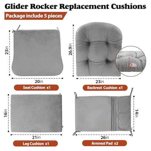 JZHLLA Glider Rocker Replacement Cushion Set with Storage Pockets Soft Flannel Fabric & High-Resilience Foam Non-Slip Back Rocking Chair Cushion for Living Room Rocking Chair(Grey) - Image 2
