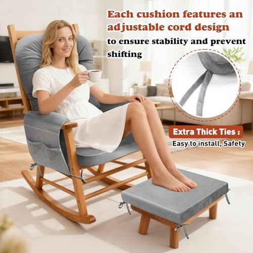 JZHLLA Glider Rocker Replacement Cushion Set with Storage Pockets Soft Flannel Fabric & High-Resilience Foam Non-Slip Back Rocking Chair Cushion for Living Room Rocking Chair(Grey) - Image 4