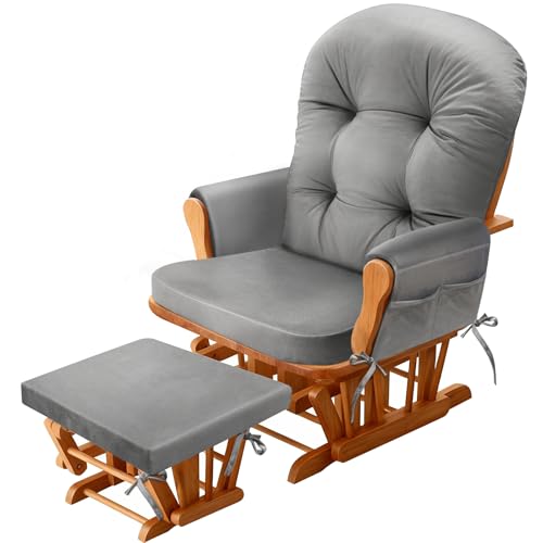 JZHLLA Glider Rocker Replacement Cushion Set with Storage Pockets Soft Flannel Fabric & High-Resilience Foam Non-Slip Back Rocking Chair Cushion for Living Room Rocking Chair(Grey) - Image 1