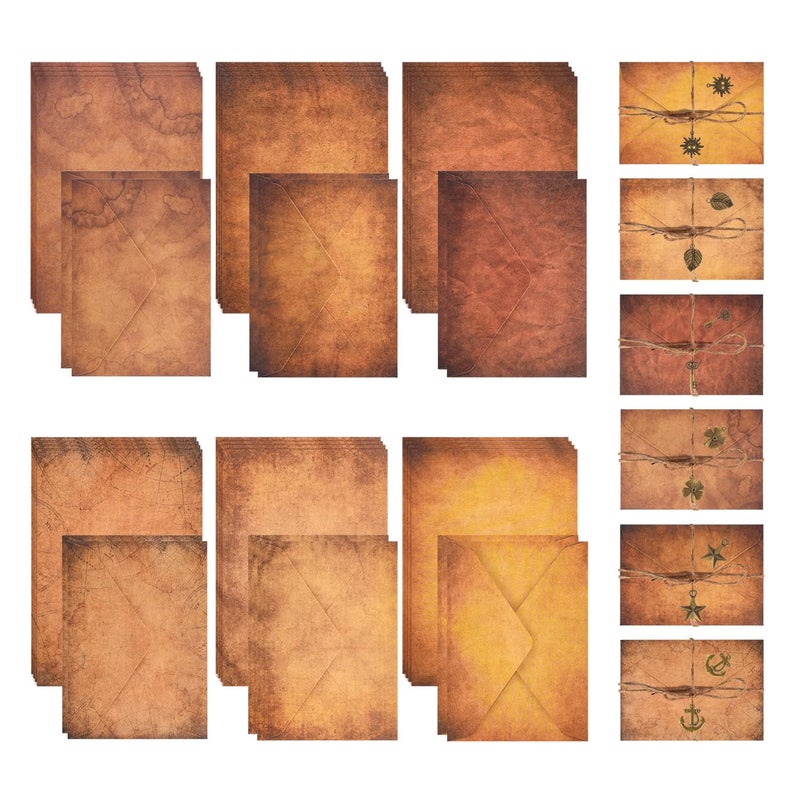 WLXTREE Vintage Stationery Paper and Envelopes Set - 24 Sheets Classic Aged Antique Letter Paper Stationary Set for Writing Letters Invitations with 12 Old Style Kraft Envelopes Rope Accessories Pendant - Image 1