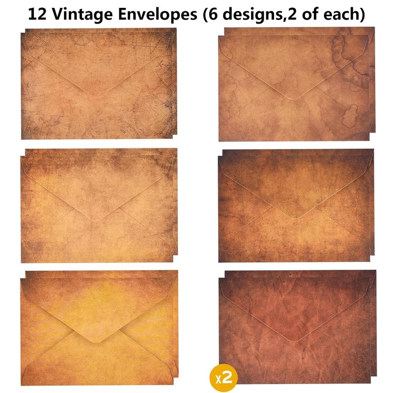 WLXTREE Vintage Stationery Paper and Envelopes Set - 24 Sheets Classic Aged Antique Letter Paper Stationary Set for Writing Letters Invitations with 12 Old Style Kraft Envelopes Rope Accessories Pendant - Image 4
