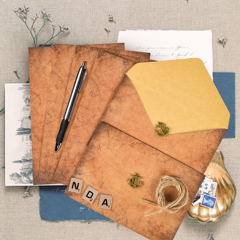 WLXTREE Vintage Stationery Paper and Envelopes Set - 24 Sheets Classic Aged Antique Letter Paper Stationary Set for Writing Letters Invitations with 12 Old Style Kraft Envelopes Rope Accessories Pendant - Image 5