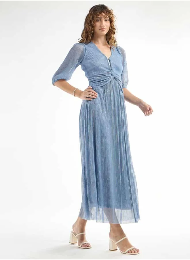 FAV Textured V-neck Dress with 3/4 Sleeves and Knot Detail