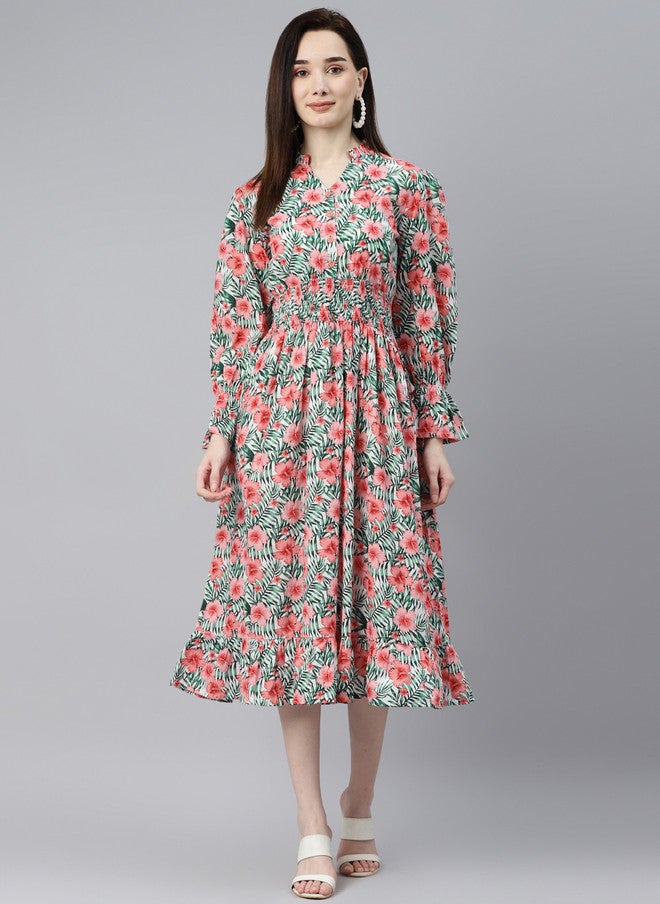 Indibelle White & Pink Tropical Bell Sleeves A-Line Maxi Dress - Image 1