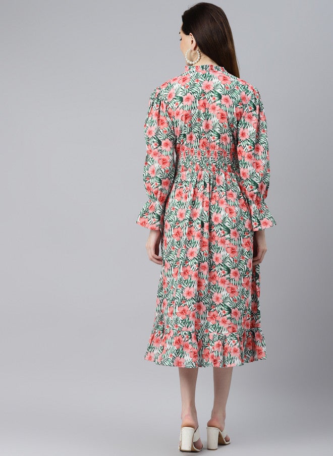 Indibelle White & Pink Tropical Bell Sleeves A-Line Maxi Dress - Image 4
