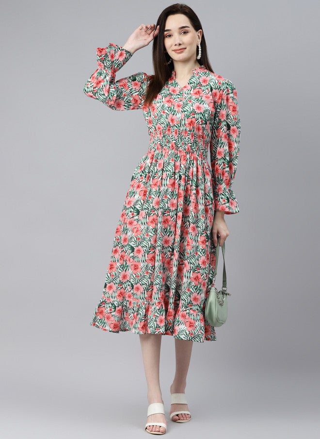 Indibelle White & Pink Tropical Bell Sleeves A-Line Maxi Dress - Image 5