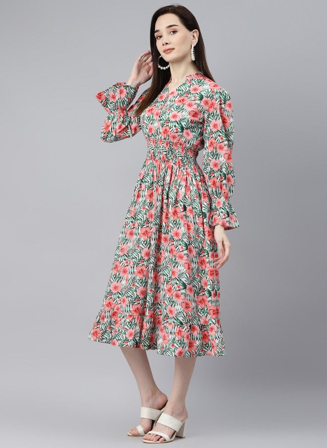 Indibelle White & Pink Tropical Bell Sleeves A-Line Maxi Dress - Image 3