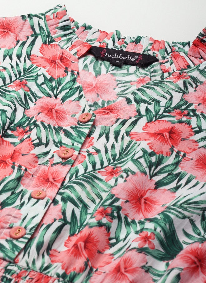 Indibelle White & Pink Tropical Bell Sleeves A-Line Maxi Dress - Image 2