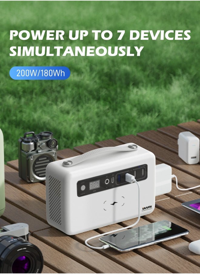 VANPA 200W White Portable Power Station, Max 180Wh Lithium Battery Solar Powerbank With AC/DC/PD/USB Wireless Output For Camping  - Image 2