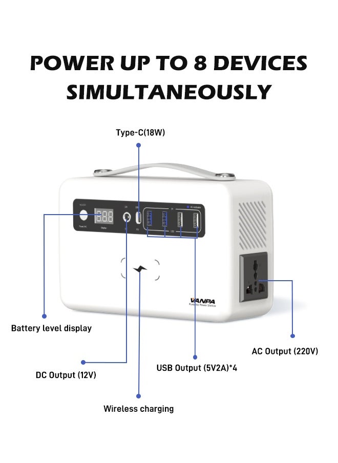 VANPA - 200W White Portable Power Station, Max 180Wh Lithium Battery Solar Powerbank With AC/DC/PD/USB Wireless Output For Camping - Image 1