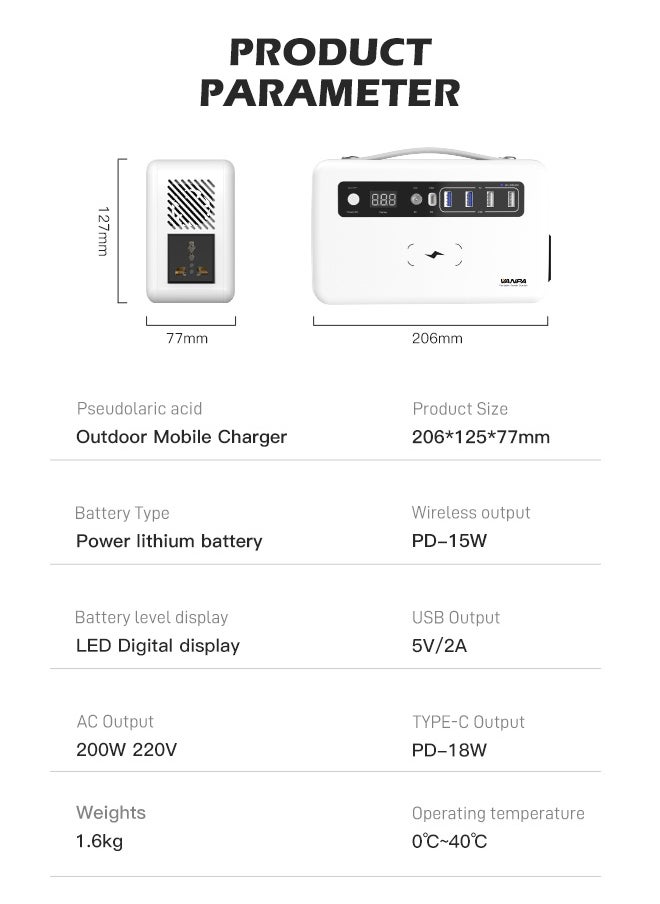 VANPA - 200W White Portable Power Station, Max 180Wh Lithium Battery Solar Powerbank With AC/DC/PD/USB Wireless Output For Camping - Image 1