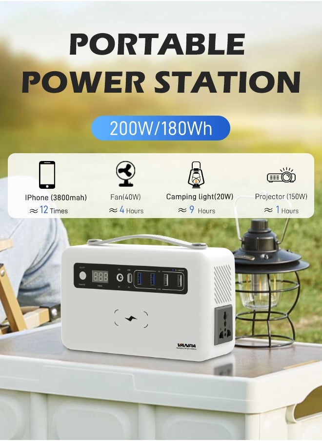 VANPA - 200W White Portable Power Station, Max 180Wh Lithium Battery Solar Powerbank With AC/DC/PD/USB Wireless Output For Camping - Image 1