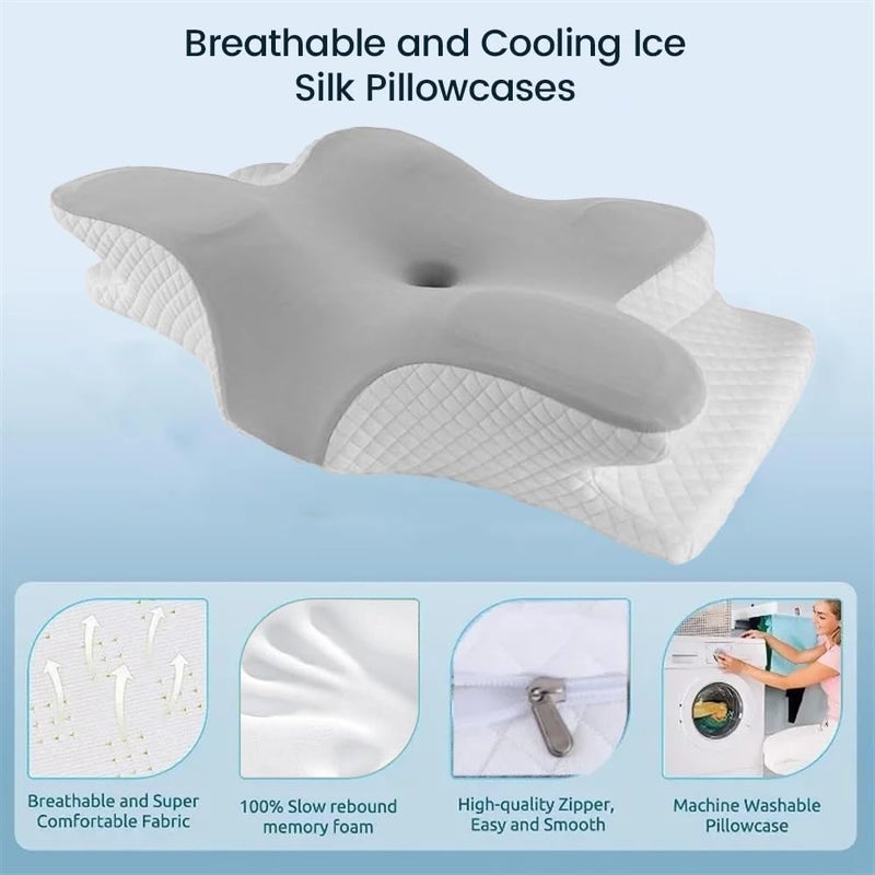 AMINAC Cervical Pillow with Cooling Pillowcase, Butterfly-Shaped Memory Foam Orthopedic Pillow for Neck Pressure Relief, Ideal for Side, Back & Stomach Sleepers - Image 4