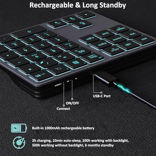 LINKEET Tri-Mode Aluminum Numpad 7-Color LED Backlit, BT5.0/USB/2.4G Wireless Rechargeable Number Pad 35-Key Scissor Switches Light Up Keycaps for PC/Laptop/Win/Mac, Grey Black - Image 3