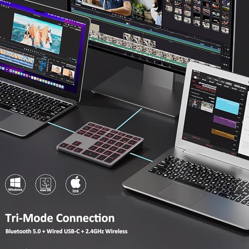LINKEET Tri-Mode Aluminum Numpad 7-Color LED Backlit, BT5.0/USB/2.4G Wireless Rechargeable Number Pad 35-Key Scissor Switches Light Up Keycaps for PC/Laptop/Win/Mac, Grey Black - Image 2