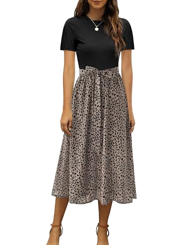 Zattcas Women 2025 Summer Dress Short Sleeve Ribbed Teacher Church Modest Business Casual Work Outfits Midi Dress with Pockets Blackbrown M - Image 1