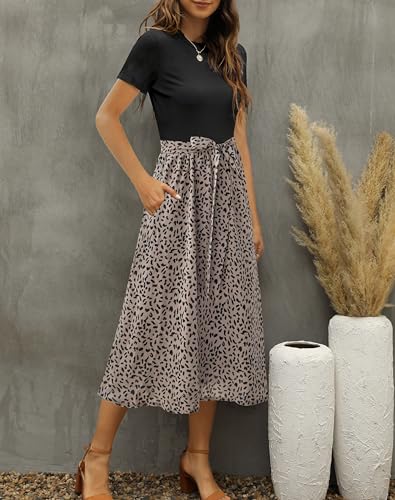 Zattcas Women 2025 Summer Dress Short Sleeve Ribbed Teacher Church Modest Business Casual Work Outfits Midi Dress with Pockets Blackbrown M - Image 2