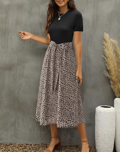 Zattcas Women 2025 Summer Dress Short Sleeve Ribbed Teacher Church Modest Business Casual Work Outfits Midi Dress with Pockets Blackbrown M - Image 4