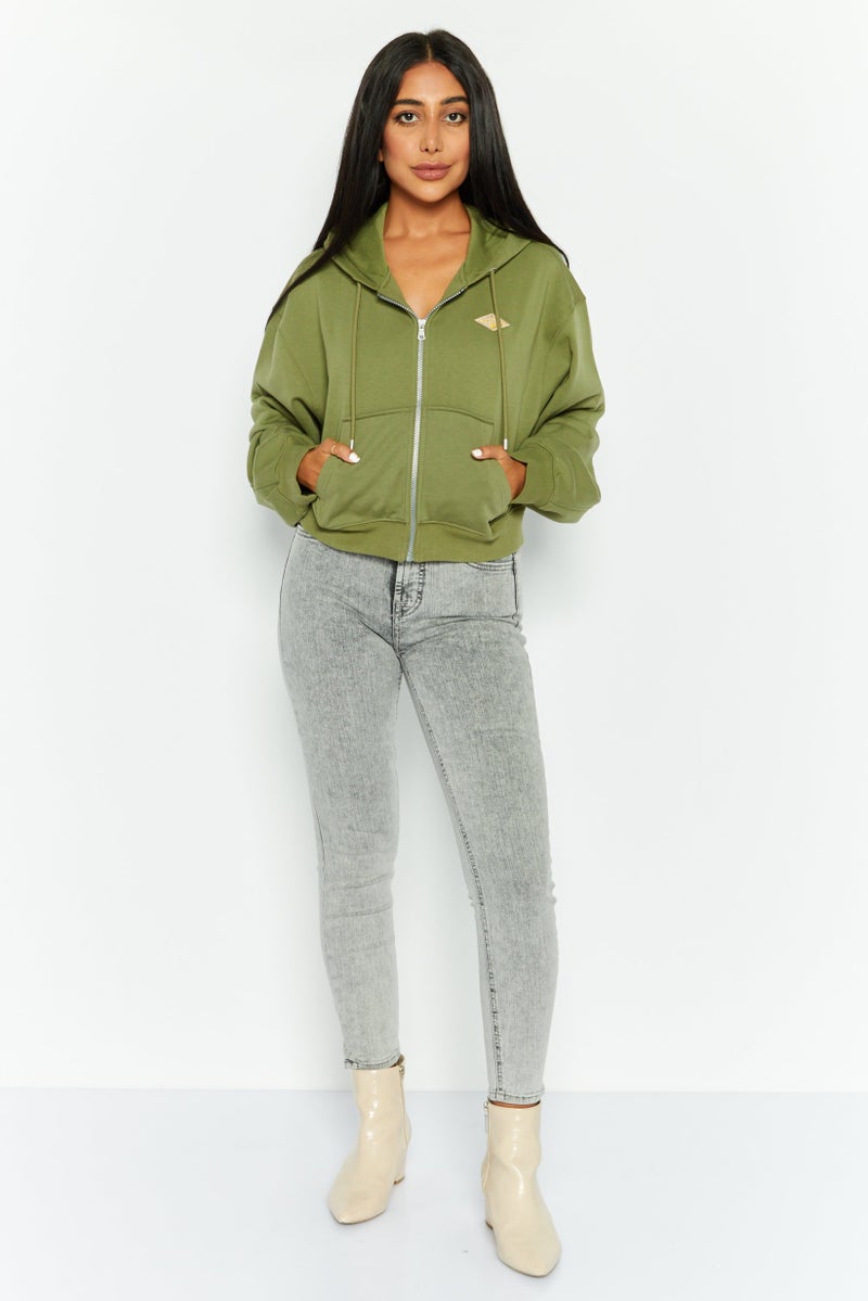 ESPRIT سويت شيرت بقلنسوة بأكمام طويلة مزين بشعار للنساء، زيتوني - Image 2