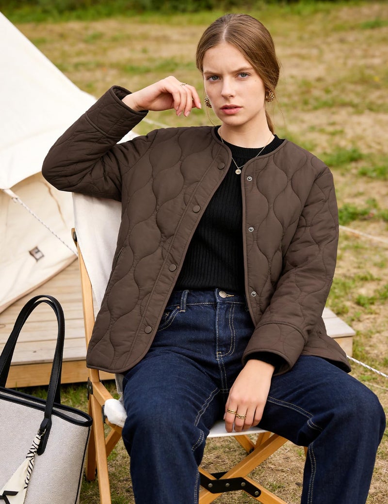 Flygo Women's Oversized Quilted Lightweight Jacket Button Down Puffer Padded Outerwear with Pocket(Coffee-M) - Image 5