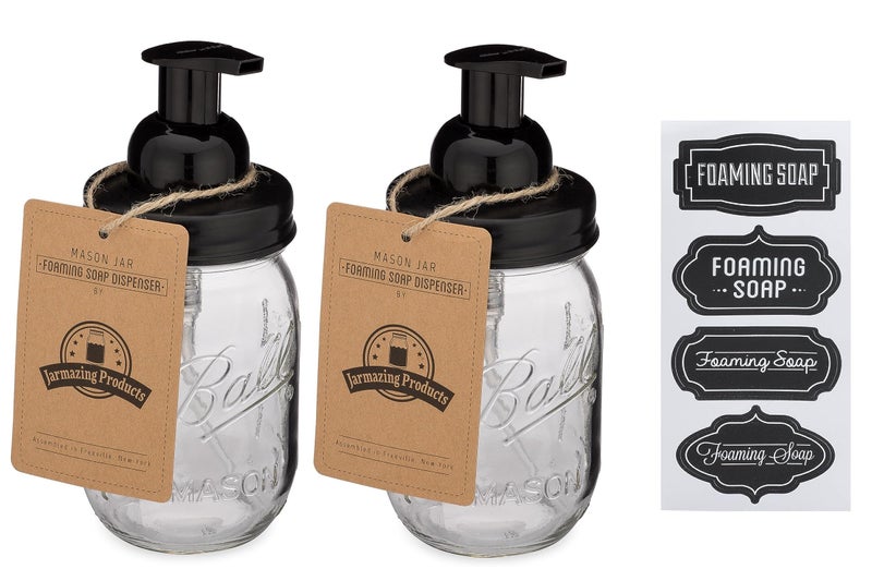 Jarmazing Products Mason Jar Foaming Soap Dispenser - Black - with 16 Ounce Ball Mason Jar - Two Pack! - Image 1