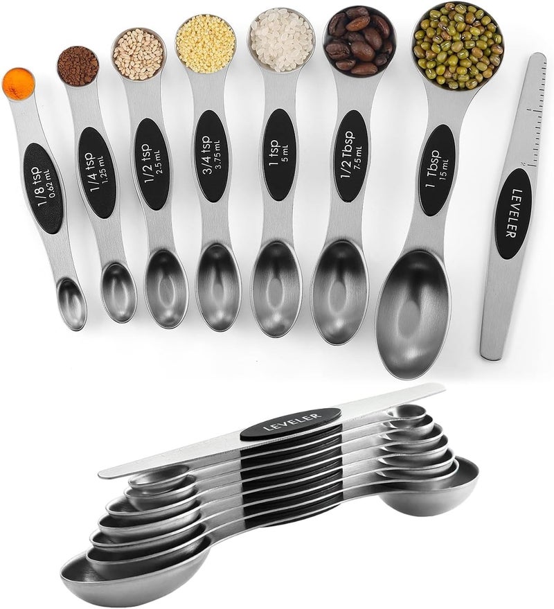 ChefAide Pack of 8 Stainless Steel Magnetic Measuring Spoons Set, Dual Sided, Stackable, Adjustable Teaspoon and Tablespoon Measure Spoon with Leveler, Kitchen Gadgets Set 5 - Image 1