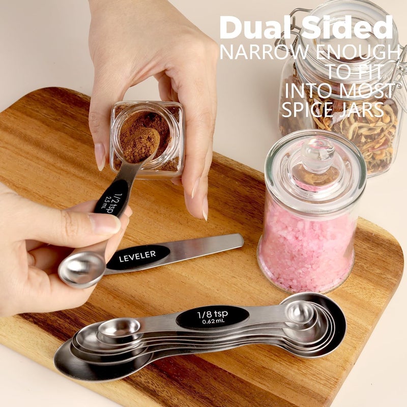 ChefAide Pack of 8 Stainless Steel Magnetic Measuring Spoons Set, Dual Sided, Stackable, Adjustable Teaspoon and Tablespoon Measure Spoon with Leveler, Kitchen Gadgets Set 5 - Image 4