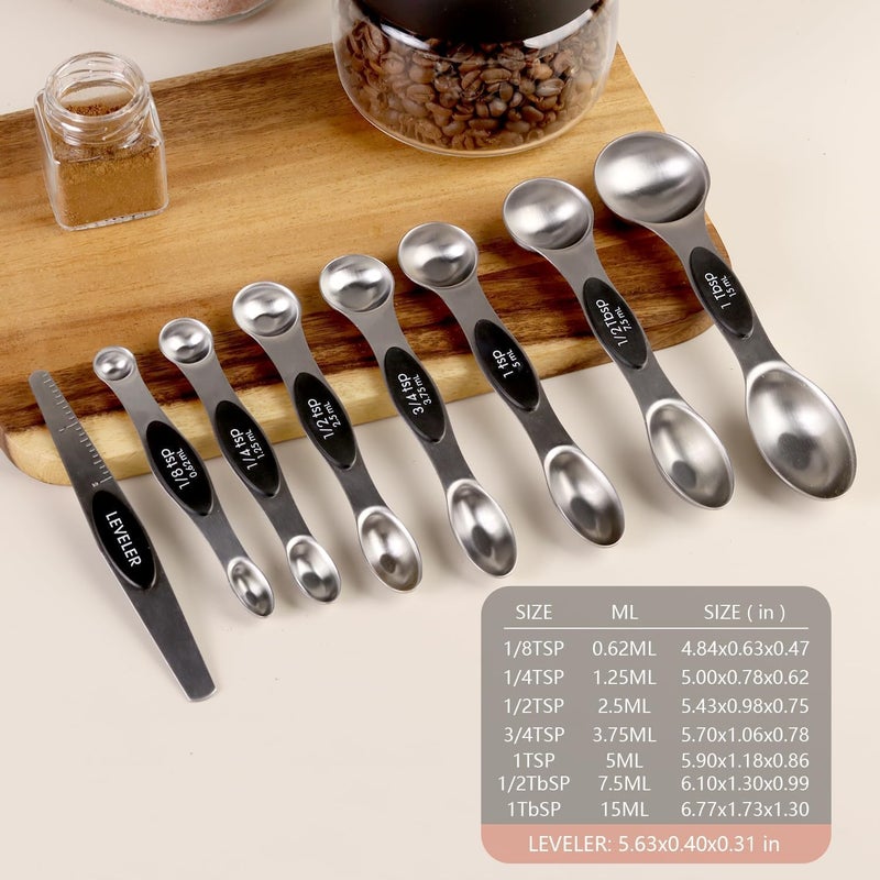 ChefAide Pack of 8 Stainless Steel Magnetic Measuring Spoons Set, Dual Sided, Stackable, Adjustable Teaspoon and Tablespoon Measure Spoon with Leveler, Kitchen Gadgets Set 5 - Image 3