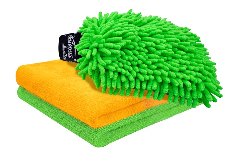 SOFTSPUN Microfiber Chenille & SingleSide Gloves 1700 GSM with Towel 340 GSM 3 Piece Combo Multicolour Multipurpose Super Absorbent and Perfect Wash Clean with LintScratch Free Car Dusting. - Image 1
