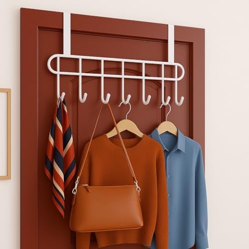 Kundi Multi-Functional Over-the-Door Hook Hanger Rack – Heavy-Duty Steel Wall Hook Organizer with 7 Hooks for Clothes, Towels, Kitchen & Bathroom (White) - Image 1