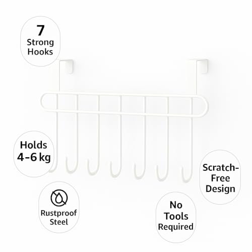 Kundi Multi-Functional Over-the-Door Hook Hanger Rack – Heavy-Duty Steel Wall Hook Organizer with 7 Hooks for Clothes, Towels, Kitchen & Bathroom (White) - Image 5