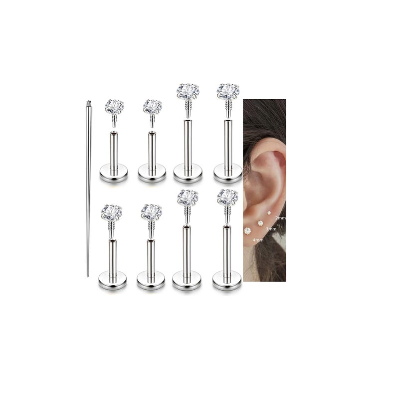 Incaton 18G Hypoallergenic Flat Back Stud Earrings, 316L Surgical Steel Internal Thread CZ Stud for Helix Tragus Cartilage Conch Nose Lip Rings Labret Piercing Jewelry For Women Silver - Image 1