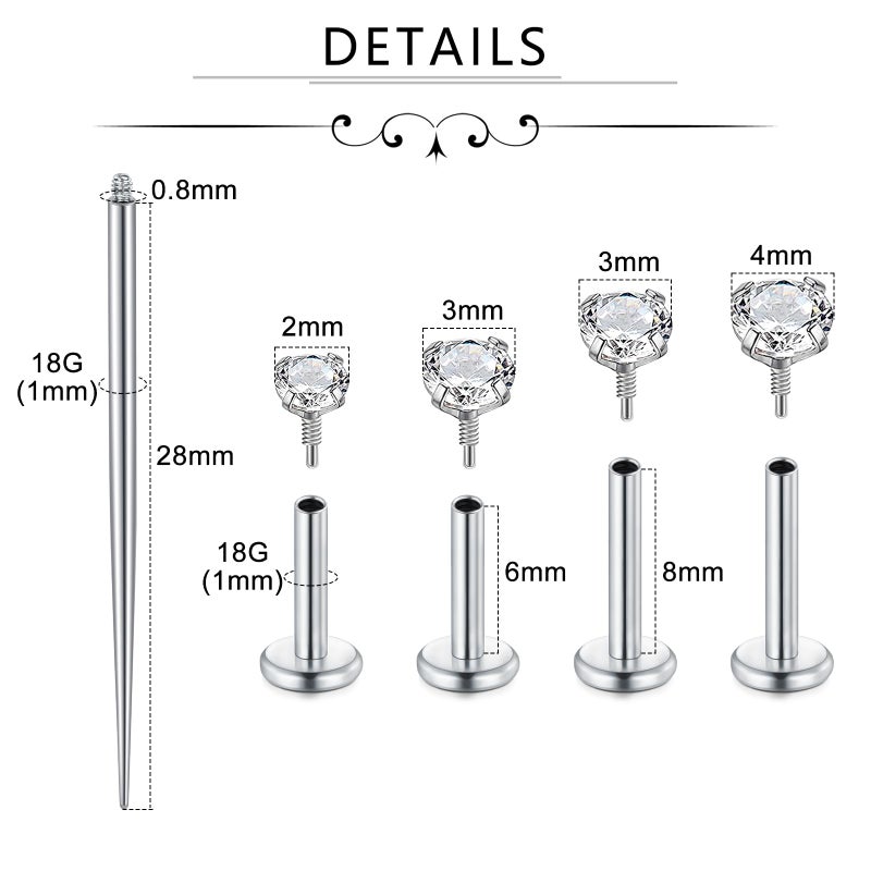 Incaton 18G Hypoallergenic Flat Back Stud Earrings, 316L Surgical Steel Internal Thread CZ Stud for Helix Tragus Cartilage Conch Nose Lip Rings Labret Piercing Jewelry For Women Silver - Image 2