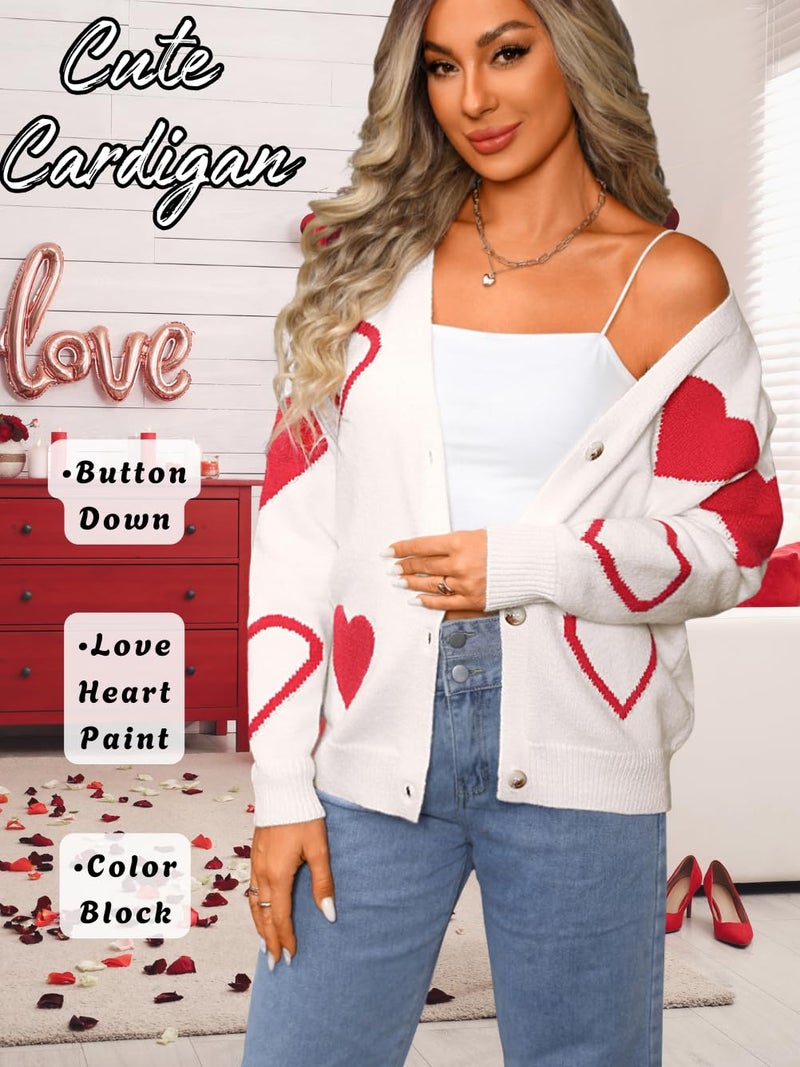 EHSUYAB Women Cute Heart Cardigan, V Neck Open Front Button Down Valentines Sweater, Long Sleeve Drop Shoulder Soft Sweaters White Large - Image 2