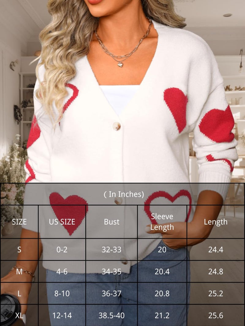 EHSUYAB Women Cute Heart Cardigan, V Neck Open Front Button Down Valentines Sweater, Long Sleeve Drop Shoulder Soft Sweaters White Large - Image 5