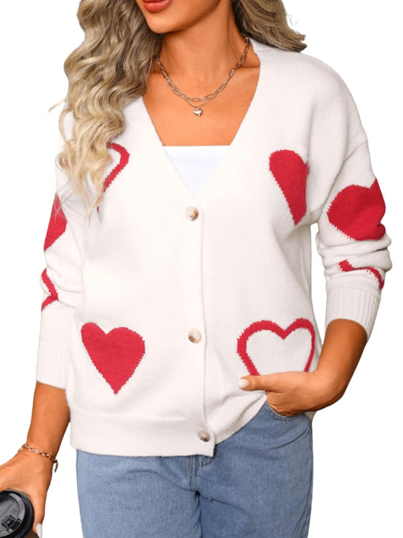 EHSUYAB Women Cute Heart Cardigan, V Neck Open Front Button Down Valentines Sweater, Long Sleeve Drop Shoulder Soft Sweaters White Large - Image 1