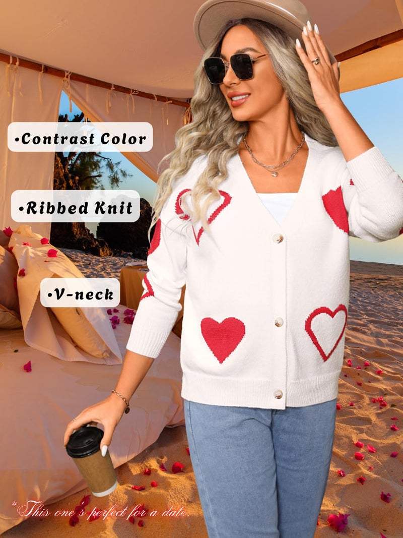 EHSUYAB Women Cute Heart Cardigan, V Neck Open Front Button Down Valentines Sweater, Long Sleeve Drop Shoulder Soft Sweaters White Large - Image 4