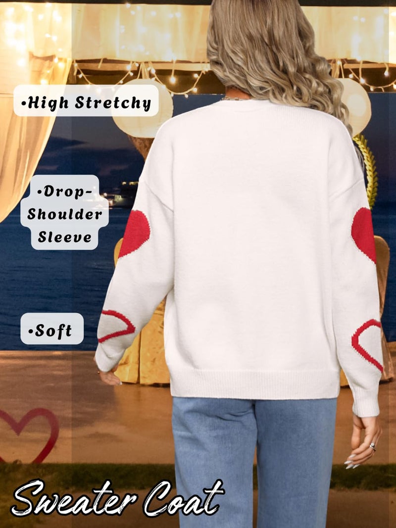 EHSUYAB Women Cute Heart Cardigan, V Neck Open Front Button Down Valentines Sweater, Long Sleeve Drop Shoulder Soft Sweaters White Large - Image 3