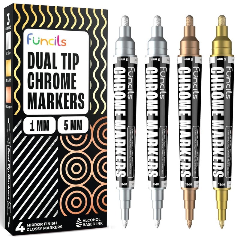 Funcils Liquid Chrome Paint Pen 4 Dual Tip Mirror Effect Metallic Markers with 2 Silver 1 Copper 1 Gold Reflective Marker for Metal Plastic Glass Resin Art DIY Crafts Model Touch Up Paint - Image 2