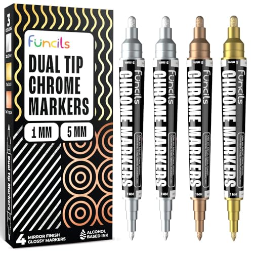 Funcils Liquid Chrome Paint Pen 4 Dual Tip Mirror Effect Metallic Markers with 2 Silver 1 Copper 1 Gold Reflective Marker for Metal Plastic Glass Resin Art DIY Crafts Model Touch Up Paint - Image 1