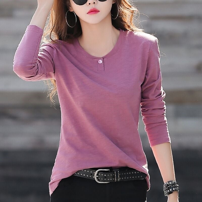 Korean New Plus Size Women'S Long-Sleeved T-Shirt Women'S Solid Color Base Shirt Purple Green Brown Black White - Image 2